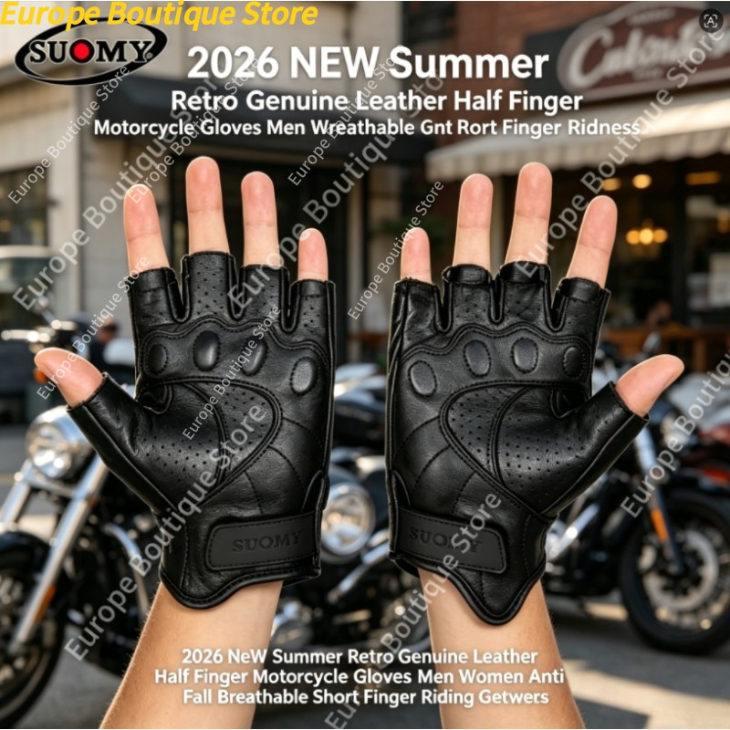 Motorcycle Gear Gloves - ถุงมือมอเตอร์ไซค์แบบครึ่งนิ้วหนังแท้ฤดูร้อนย้อนยุคป้องกันการตกระบายอากาศได้ดีอุปกรณ์ขี่สำหรับผู้ชายผู้หญิง